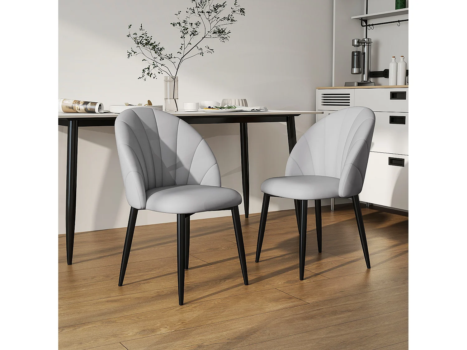 Set 2 sedie da pranzo schienale a conchiglia in pelle pu grigio chiaro