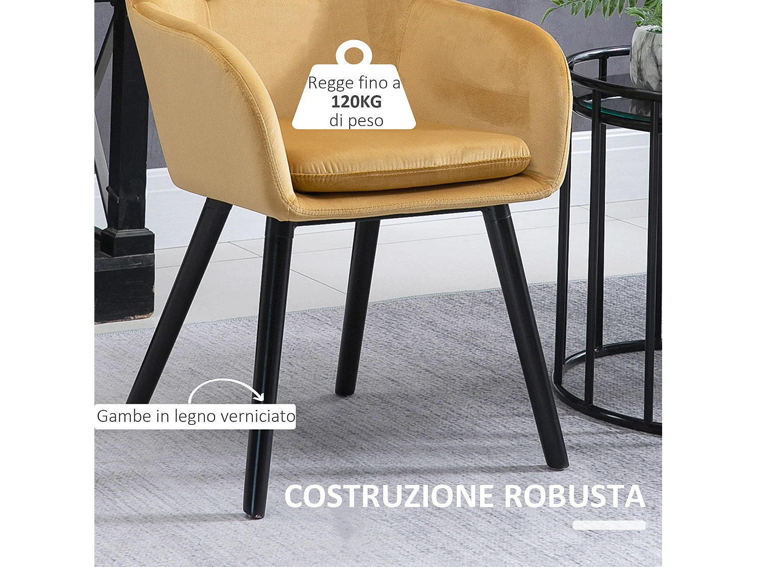 Set 2 sedie sala da pranzo imbottite con braccioli in velluto giallo