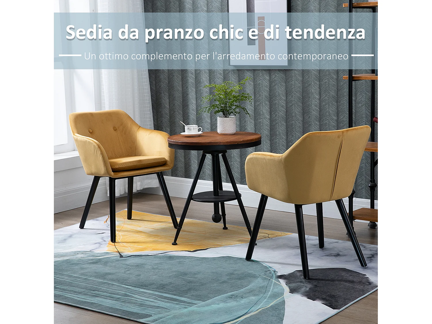 Set 2 sedie sala da pranzo imbottite con braccioli in velluto giallo