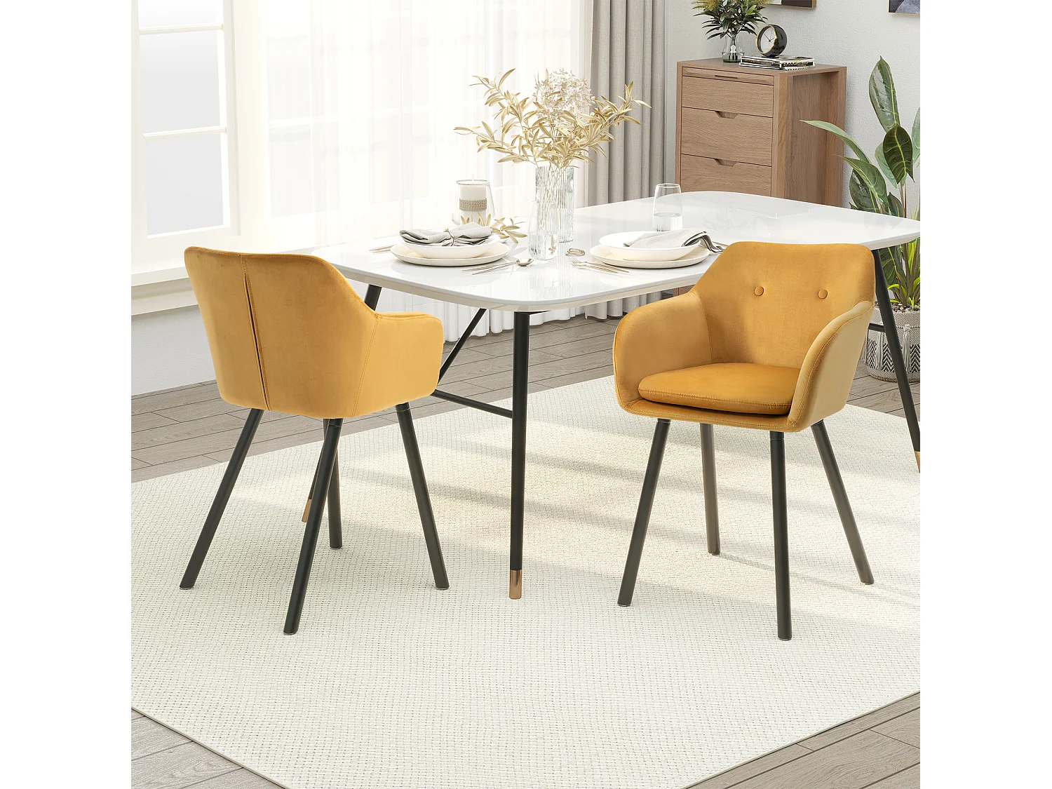 Set 2 sedie sala da pranzo imbottite con braccioli in velluto giallo