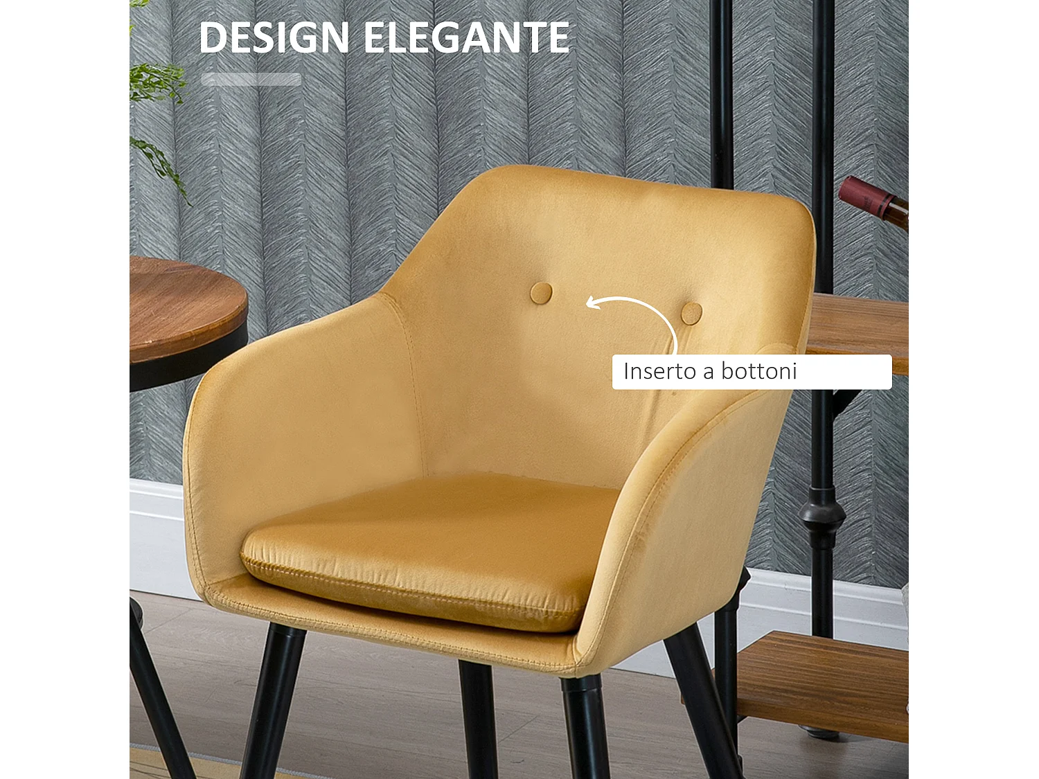 Set 2 sedie sala da pranzo imbottite con braccioli in velluto giallo