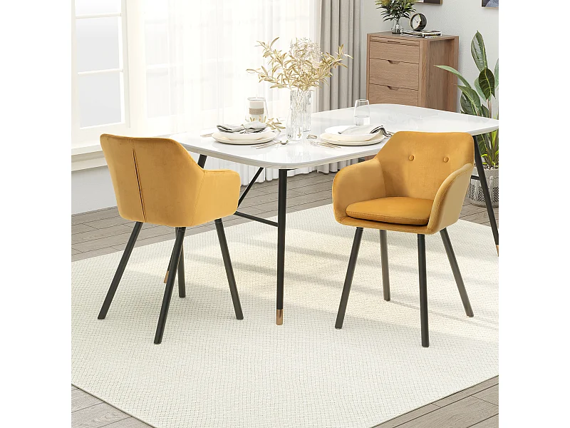 Set 2 sedie sala da pranzo imbottite con braccioli in velluto giallo