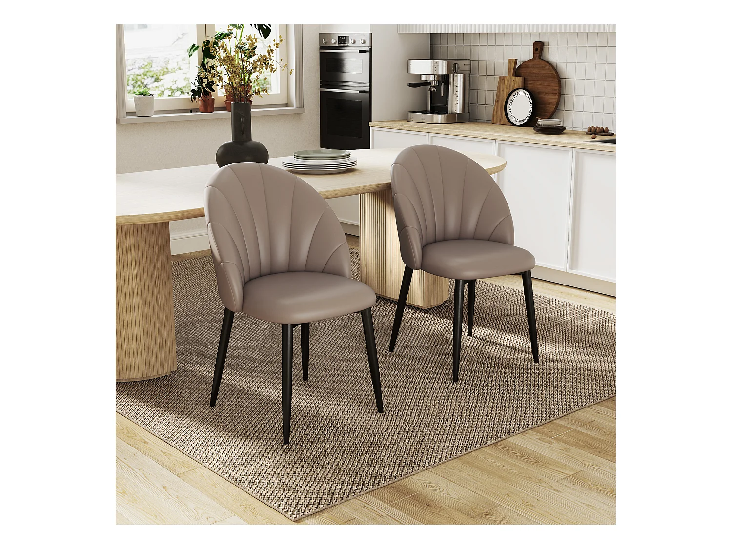 Set 2 sedie da pranzo con schienale a conchiglia in pelle pu marrone
