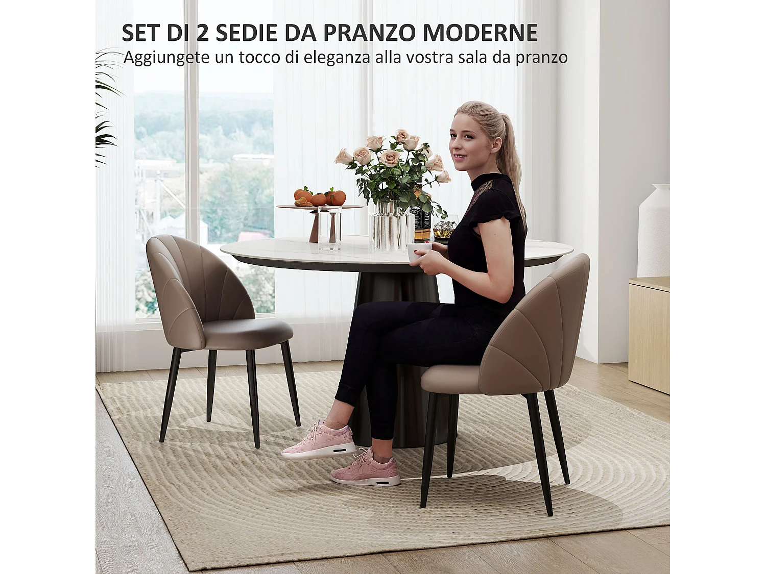 Set 2 sedie da pranzo con schienale a conchiglia in pelle pu marrone