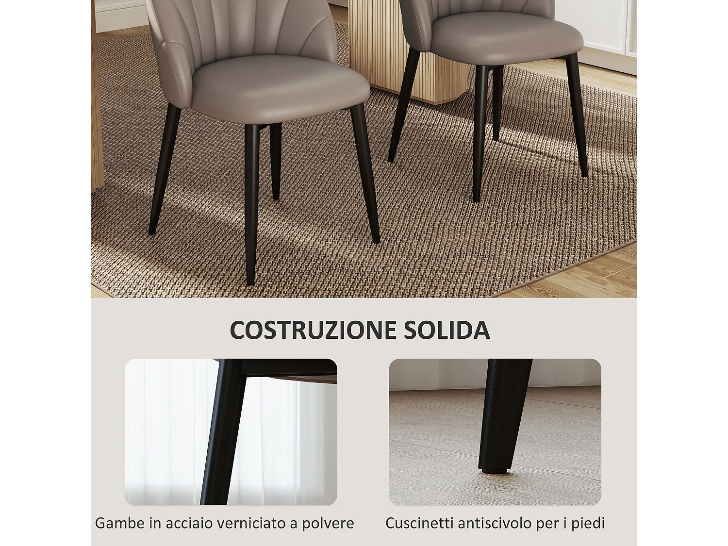 Set 2 sedie da pranzo con schienale a conchiglia in pelle pu marrone