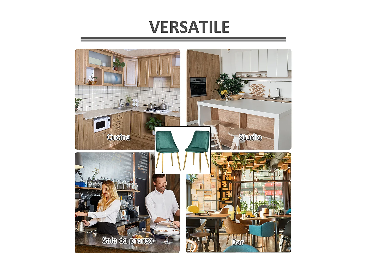 Set 2 sedie moderne e imbottite da salotto o cucina verde e nero