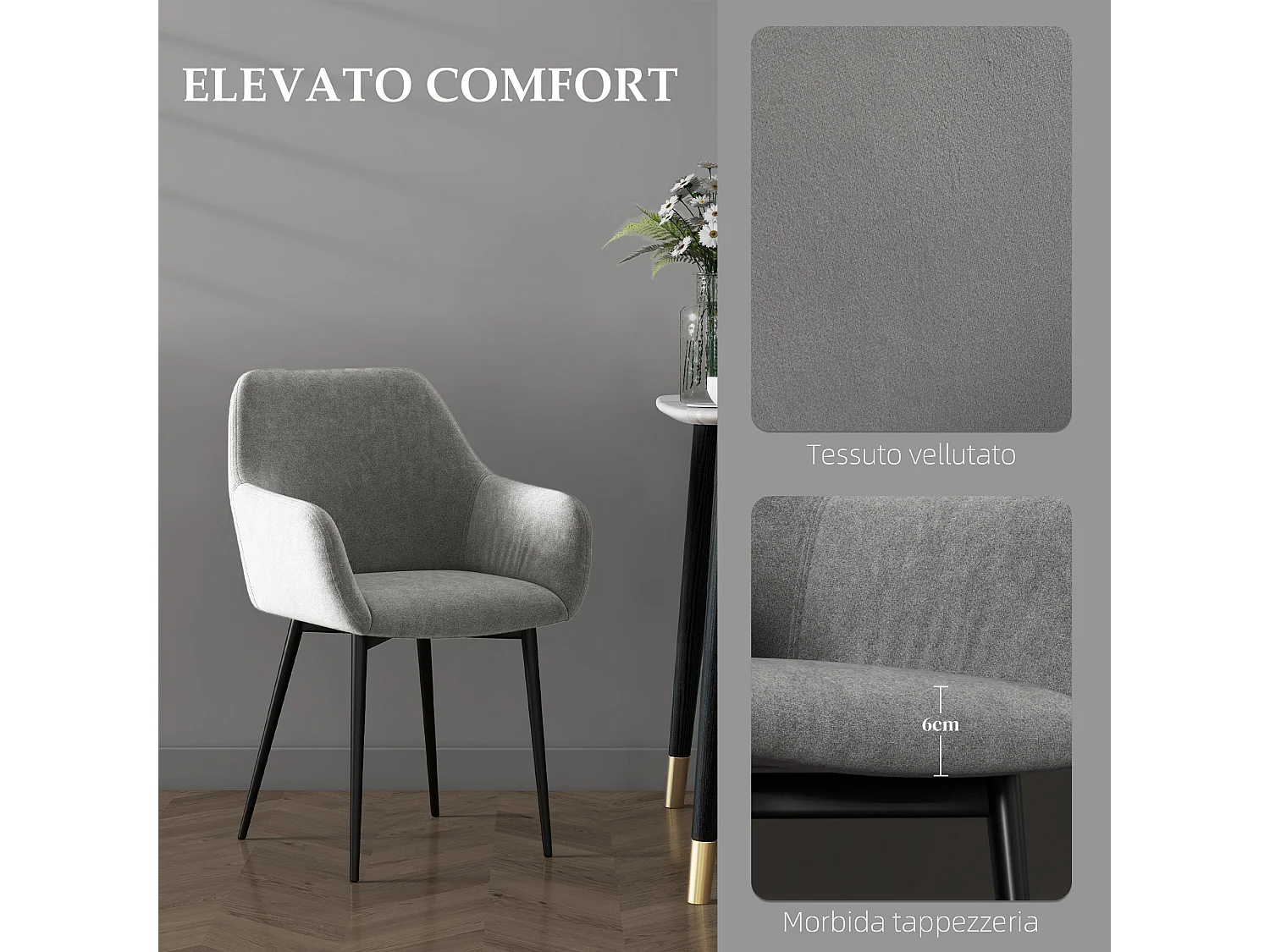 Set 2 sedie da pranzo nordico vellutato con braccioli grigio scuro