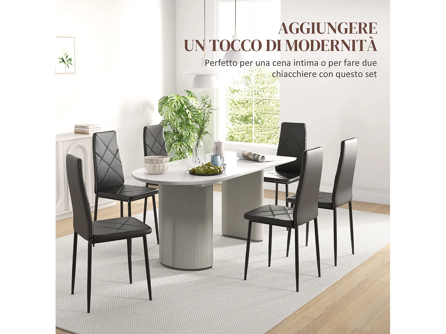 Set 6 sedie da pranzo in finta pelle e acciaio con schienale alto nero