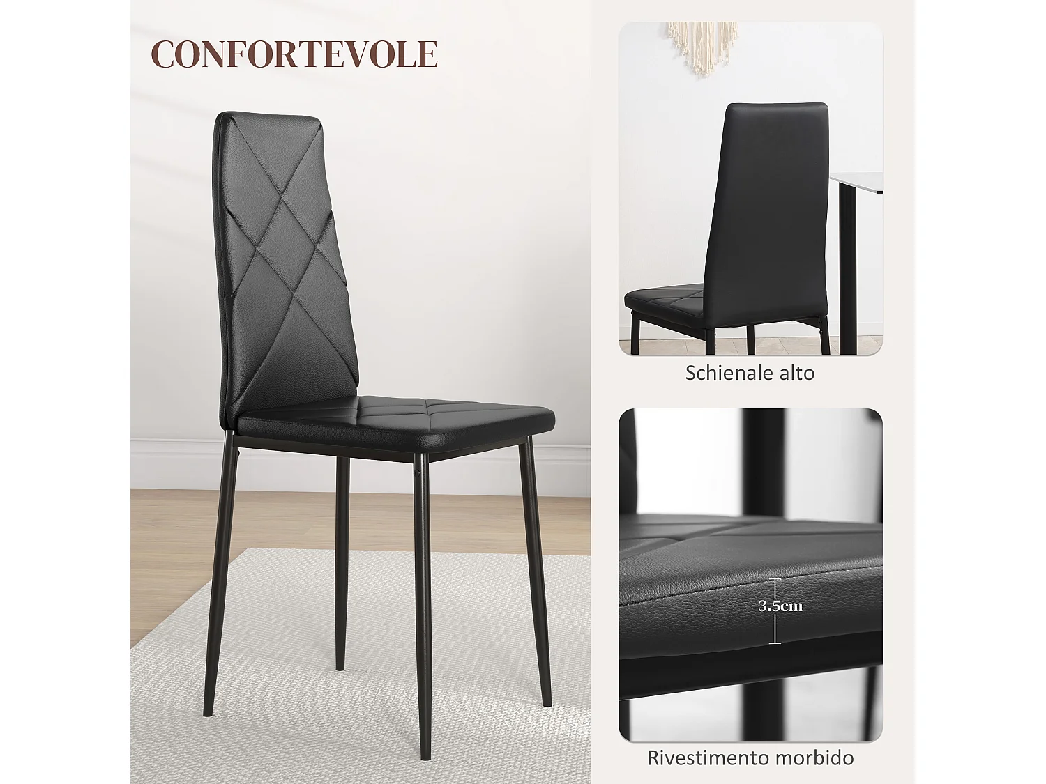 Set 6 sedie da pranzo in finta pelle e acciaio con schienale alto nero