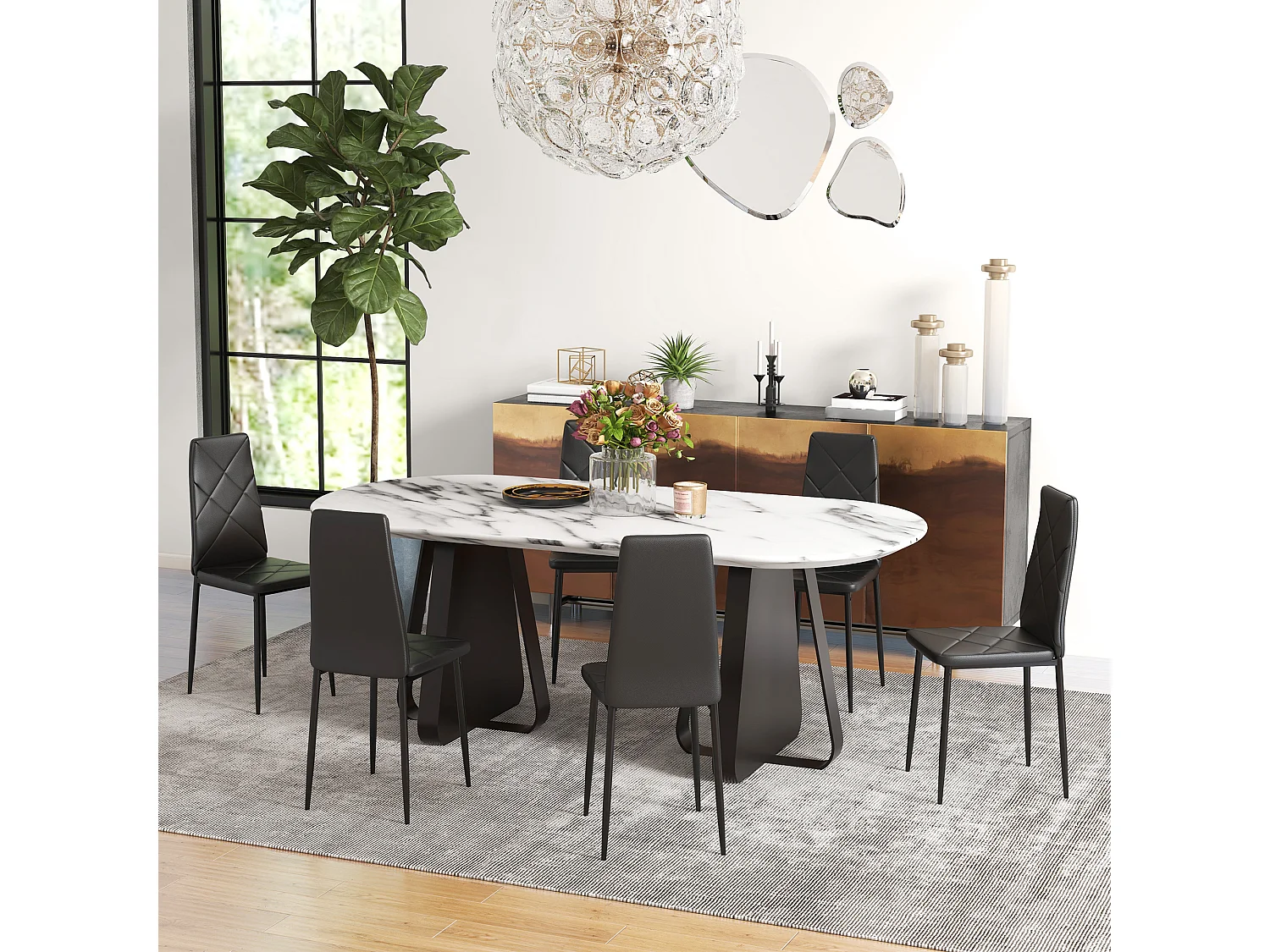 Set 6 sedie da pranzo in finta pelle e acciaio con schienale alto nero