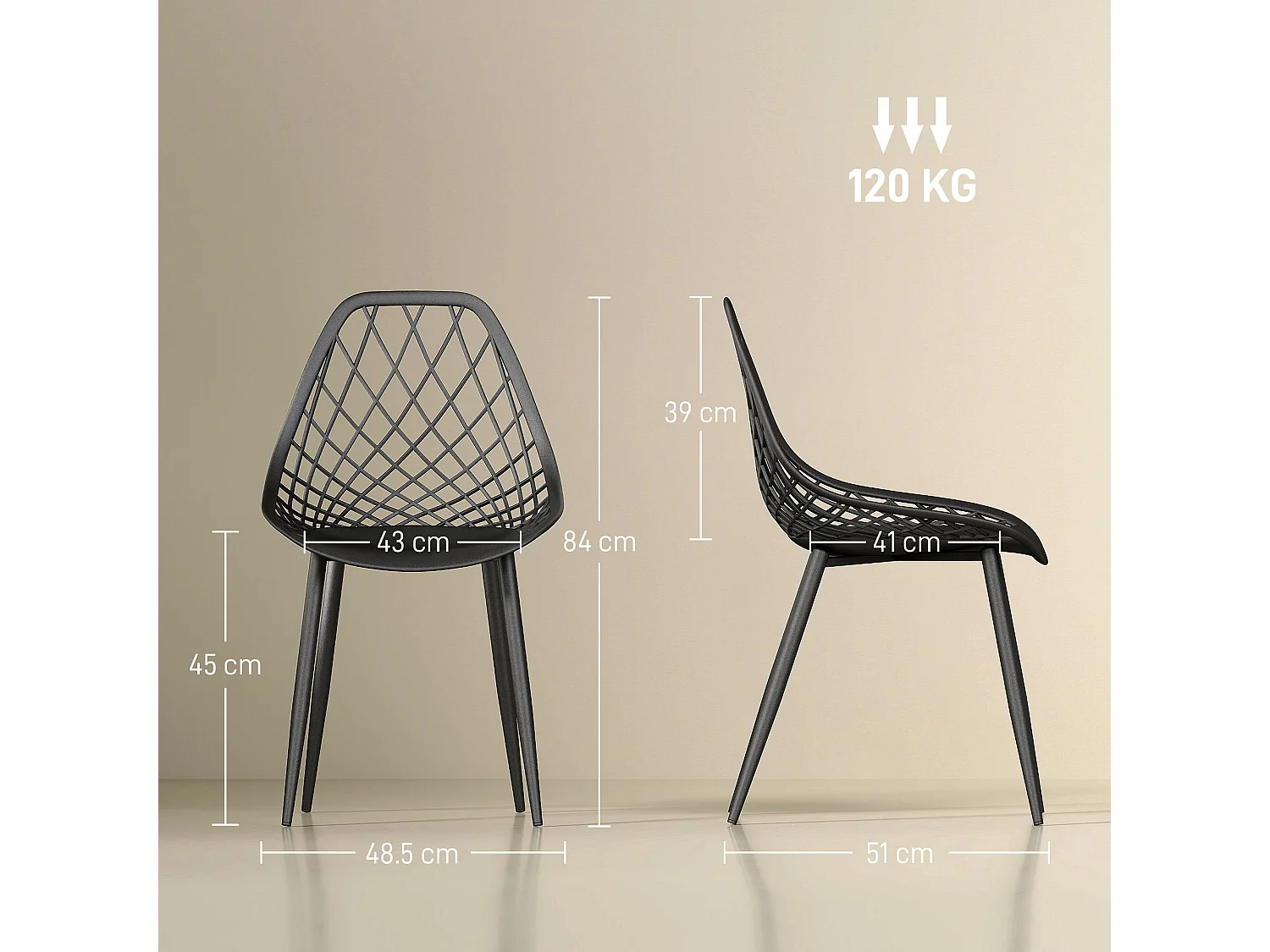 Set 4 sedie da pranzo moderne in plastica e metallo nero