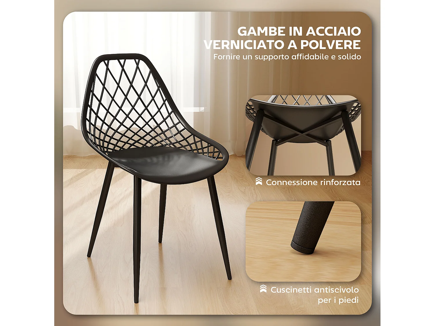 Set 4 sedie da pranzo moderne in plastica e metallo nero