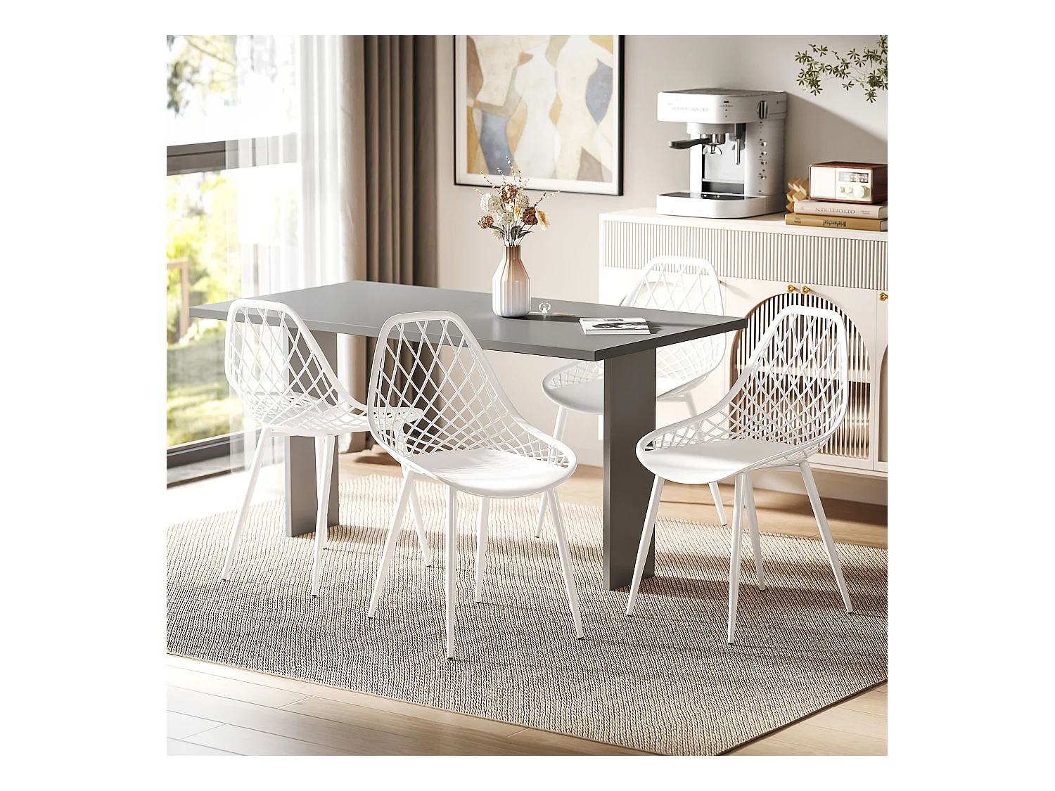Set 4 sedie da pranzo moderne in plastica e metallo bianco