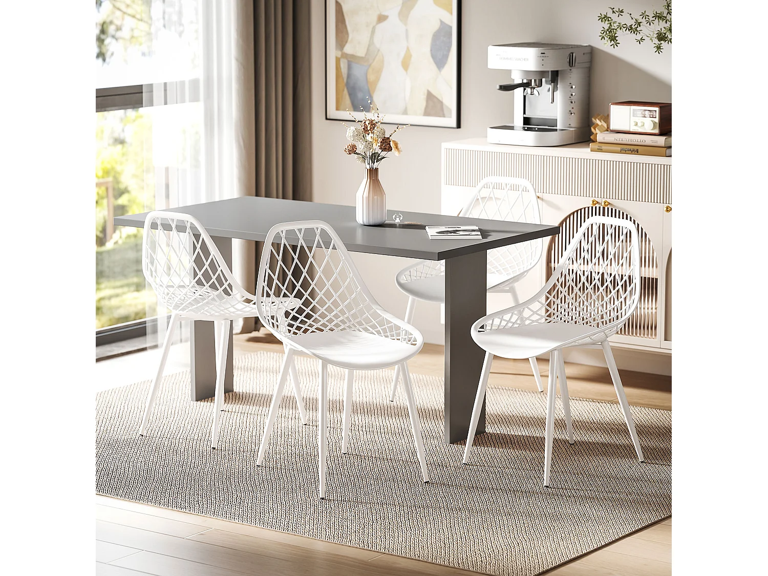 Set 4 sedie da pranzo moderne in plastica e metallo bianco