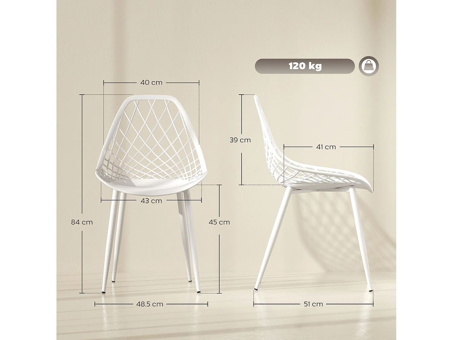 Set 4 sedie da pranzo moderne in plastica e metallo bianco