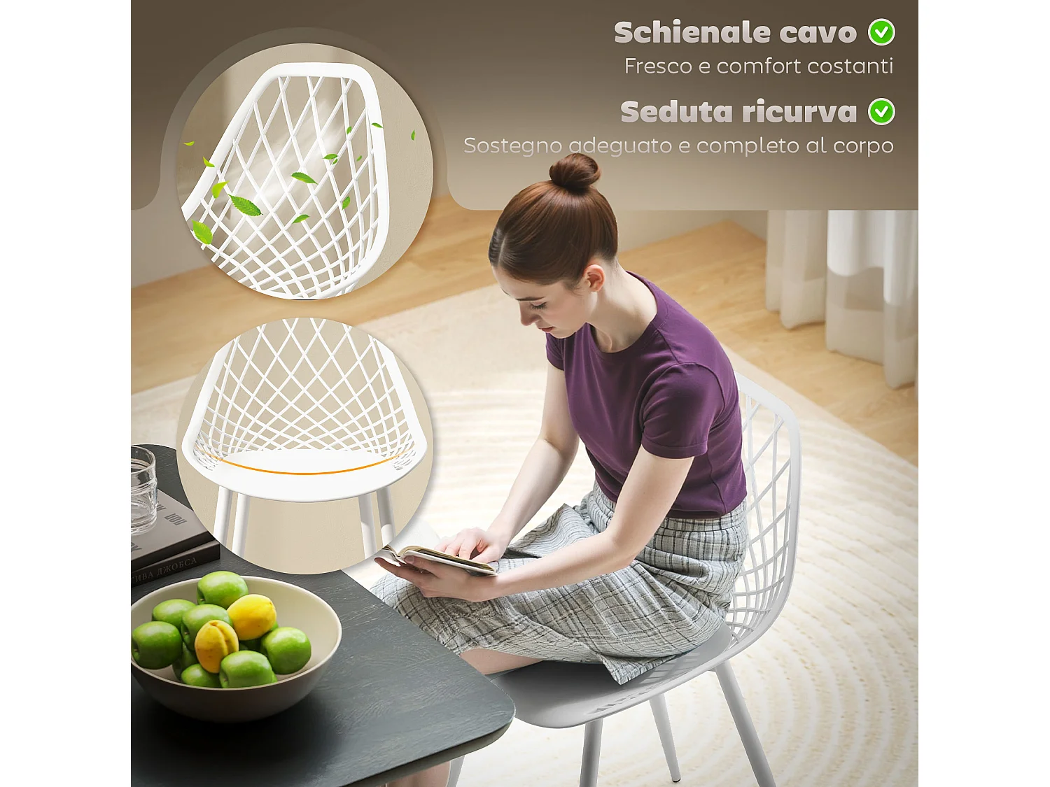 Set 4 sedie da pranzo moderne in plastica e metallo bianco