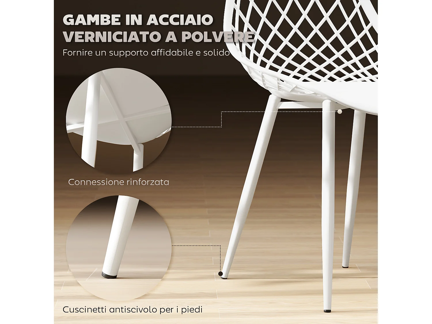 Set 4 sedie da pranzo moderne in plastica e metallo bianco