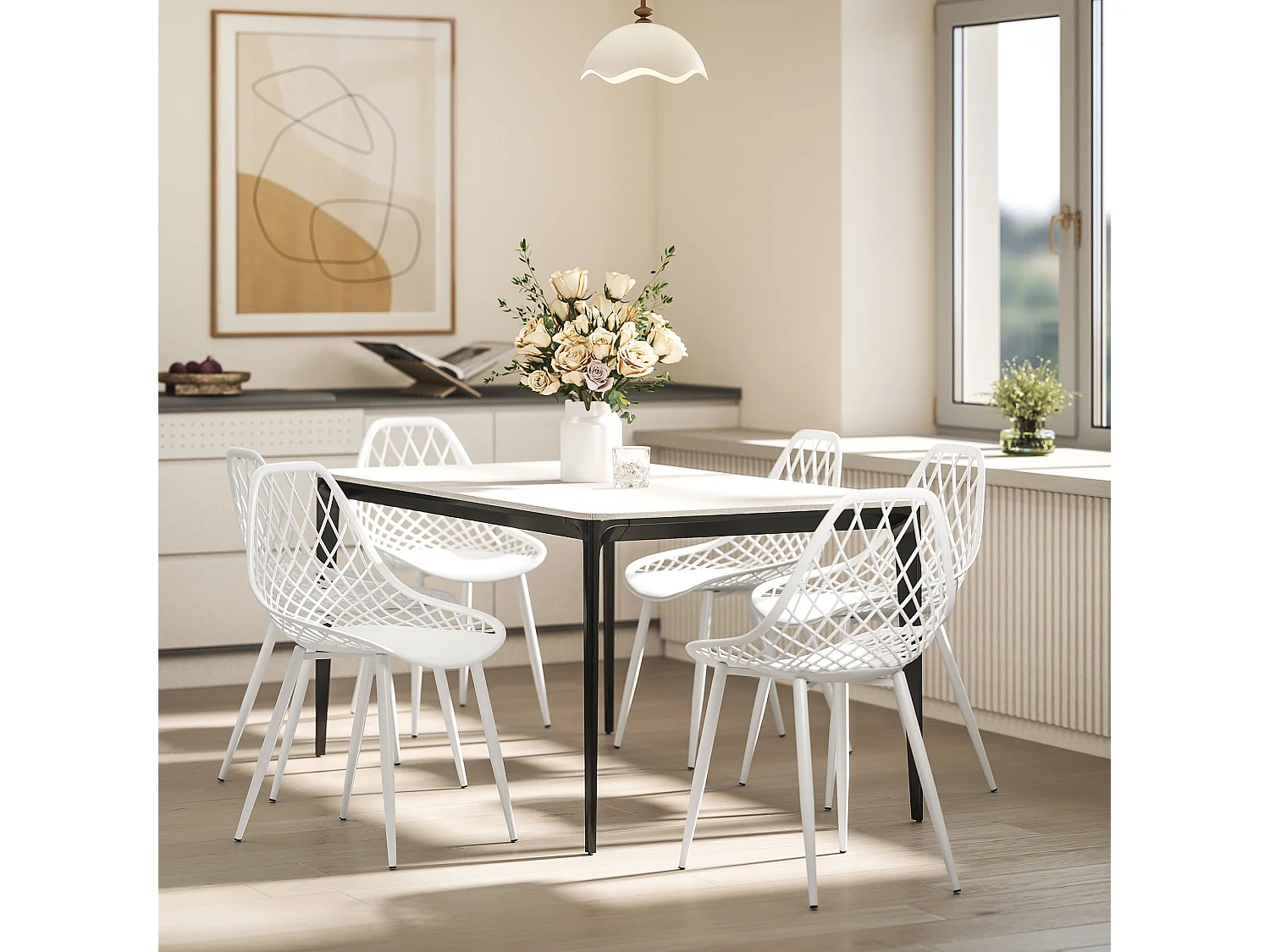 Set 4 sedie da pranzo moderne in plastica e metallo bianco