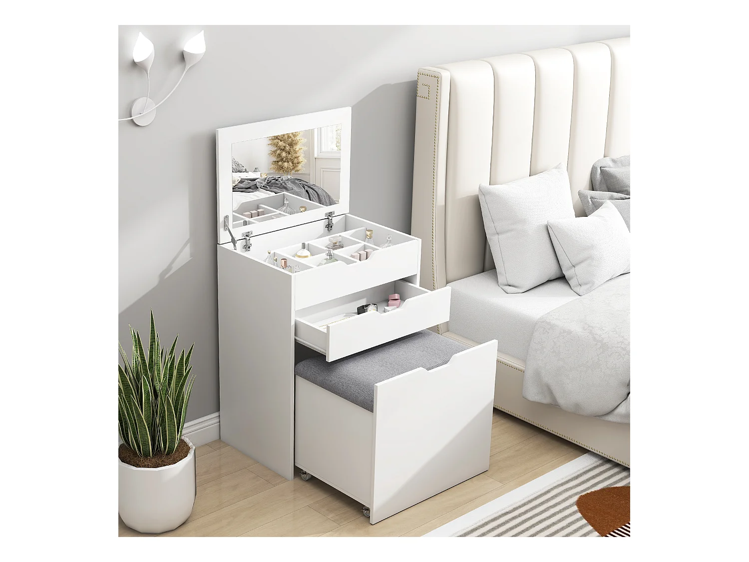 Toeletta da camera con specchiera cassetto e sgabello in legno