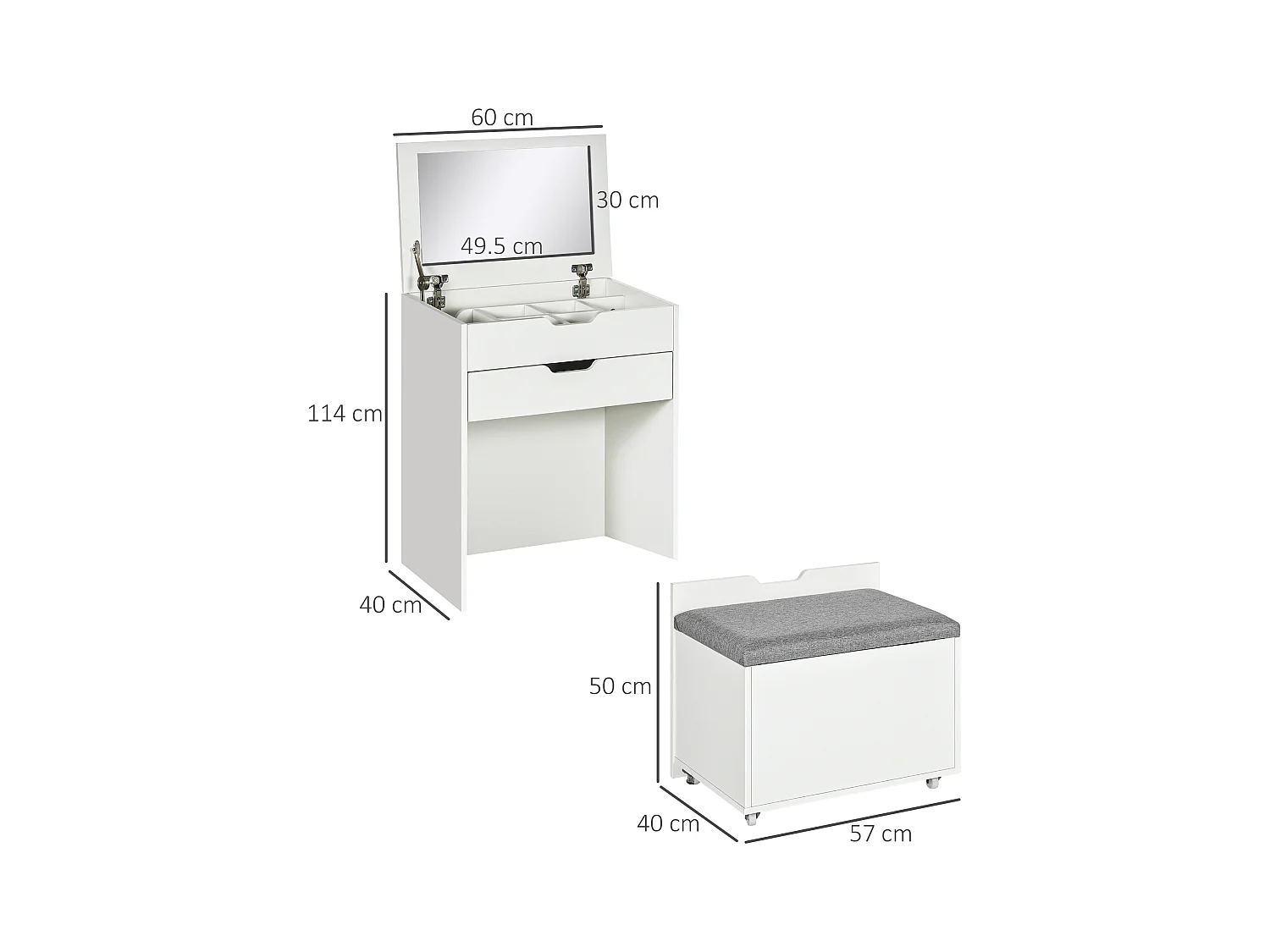 Toeletta da camera con specchiera cassetto e sgabello in legno