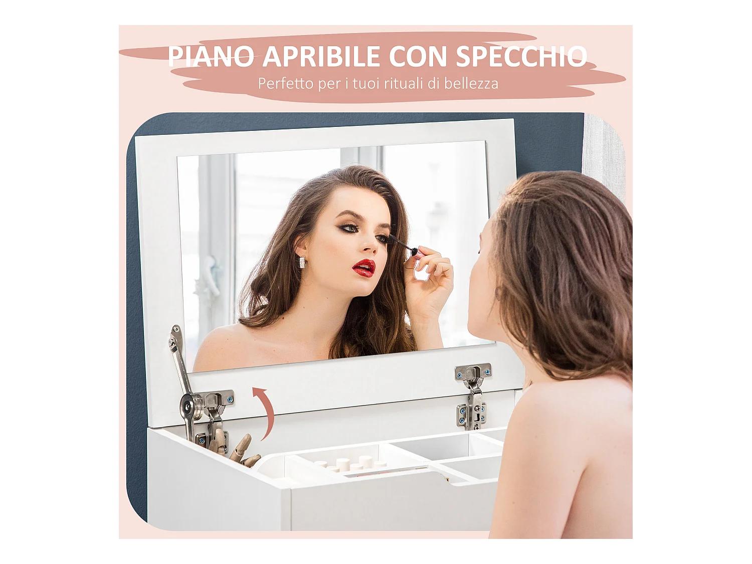 Toeletta da camera con specchiera cassetto e sgabello in legno