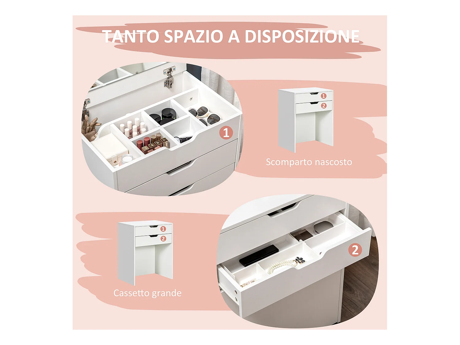 Toeletta da camera con specchiera cassetto e sgabello in legno