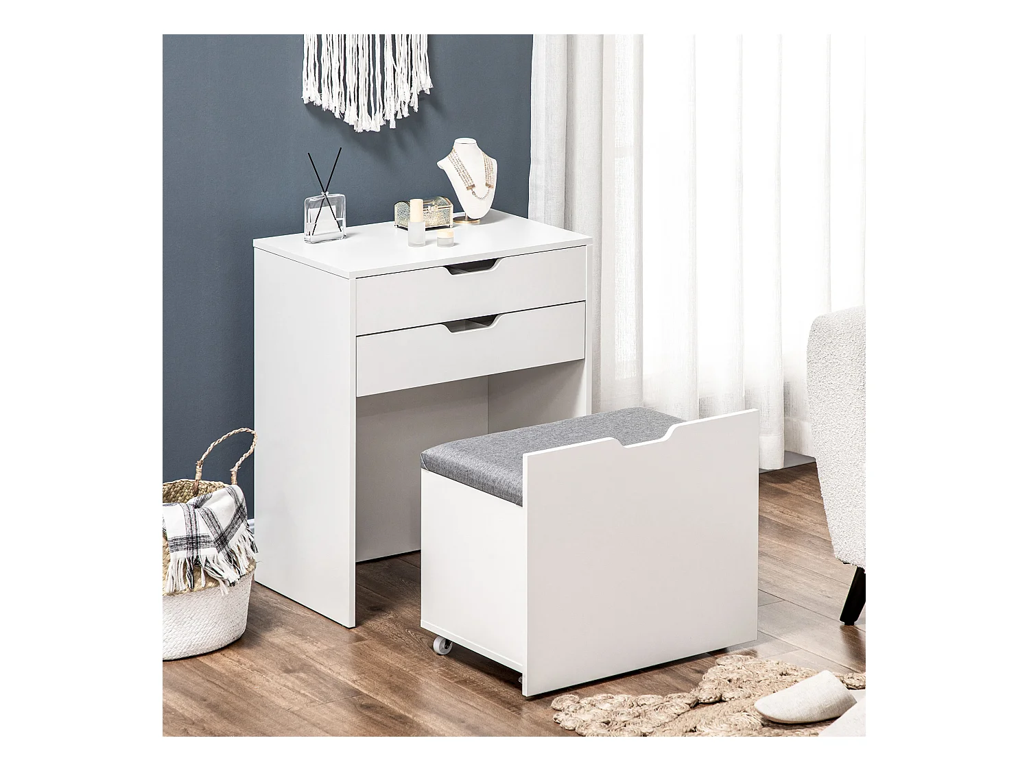 Toeletta da camera con specchiera cassetto e sgabello in legno