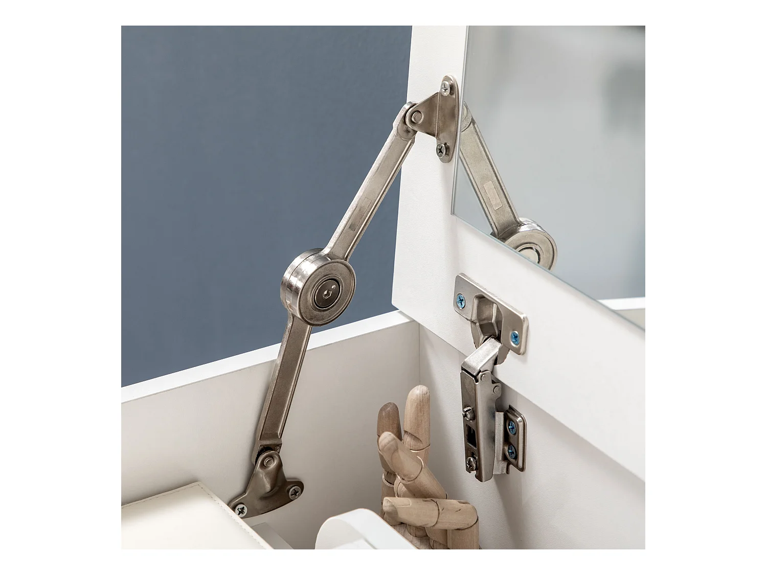 Toeletta da camera con specchiera cassetto e sgabello in legno