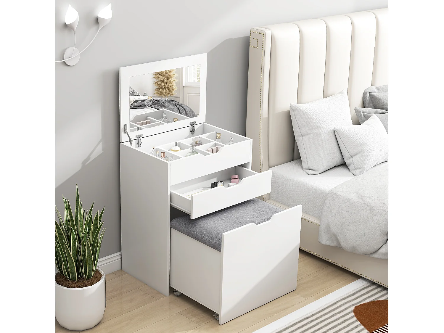 Toeletta da camera con specchiera cassetto e sgabello in legno