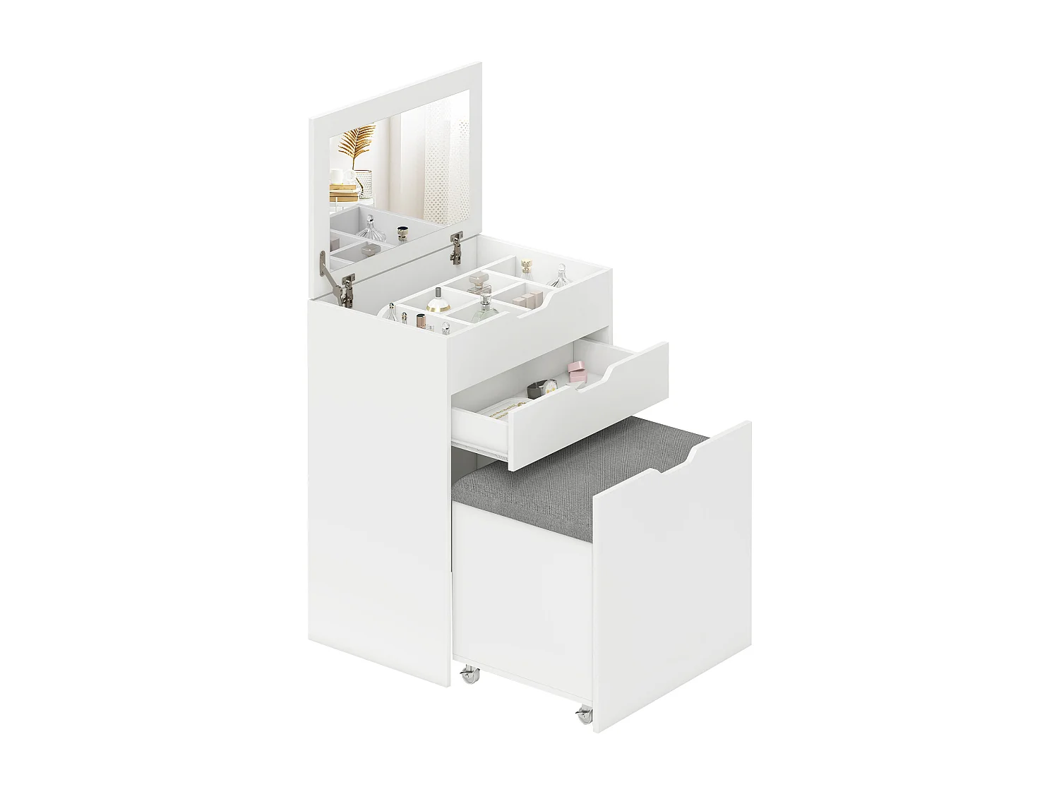 Toeletta da camera con specchiera cassetto e sgabello in legno