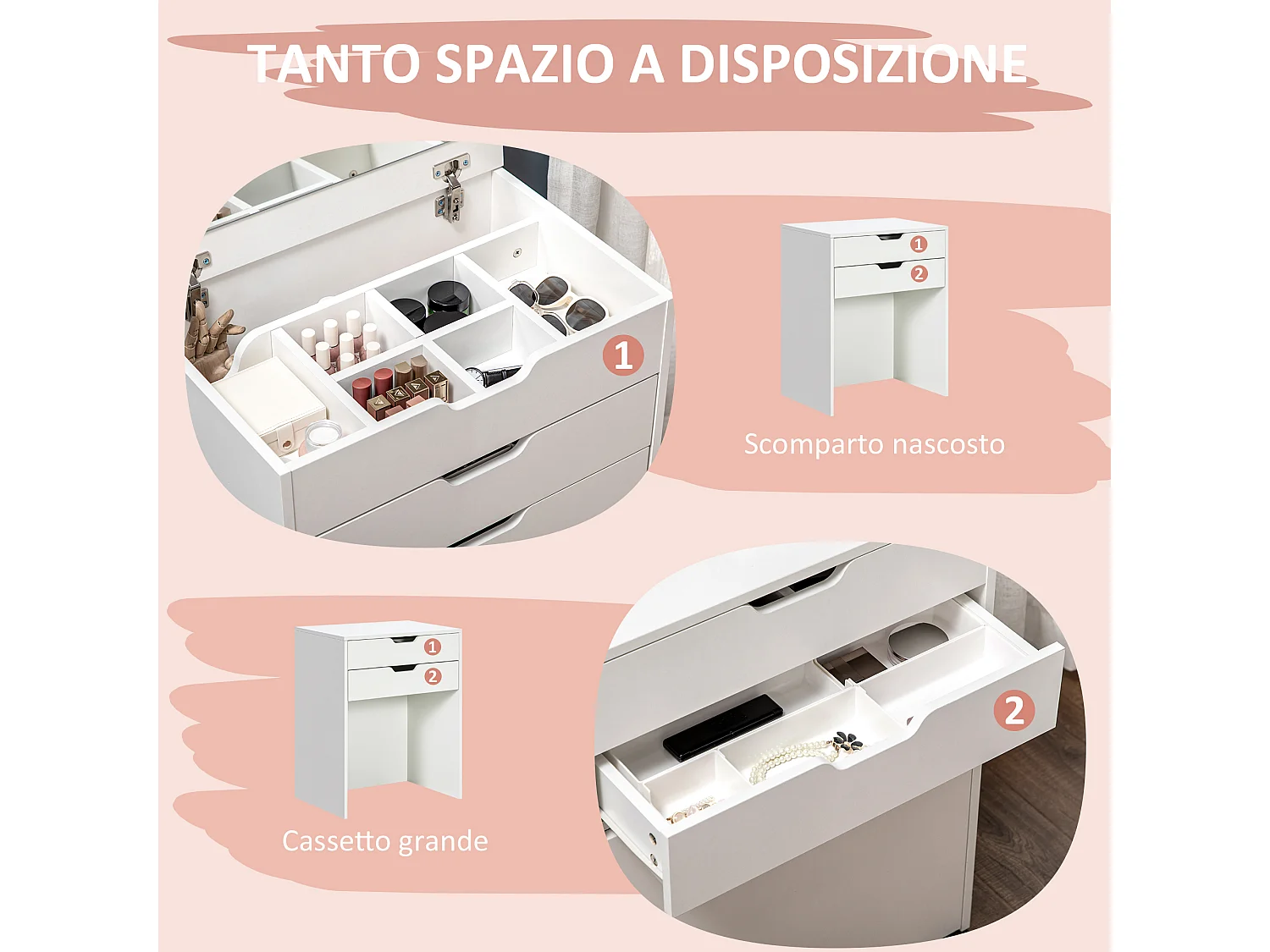 Toeletta da camera con specchiera cassetto e sgabello in legno