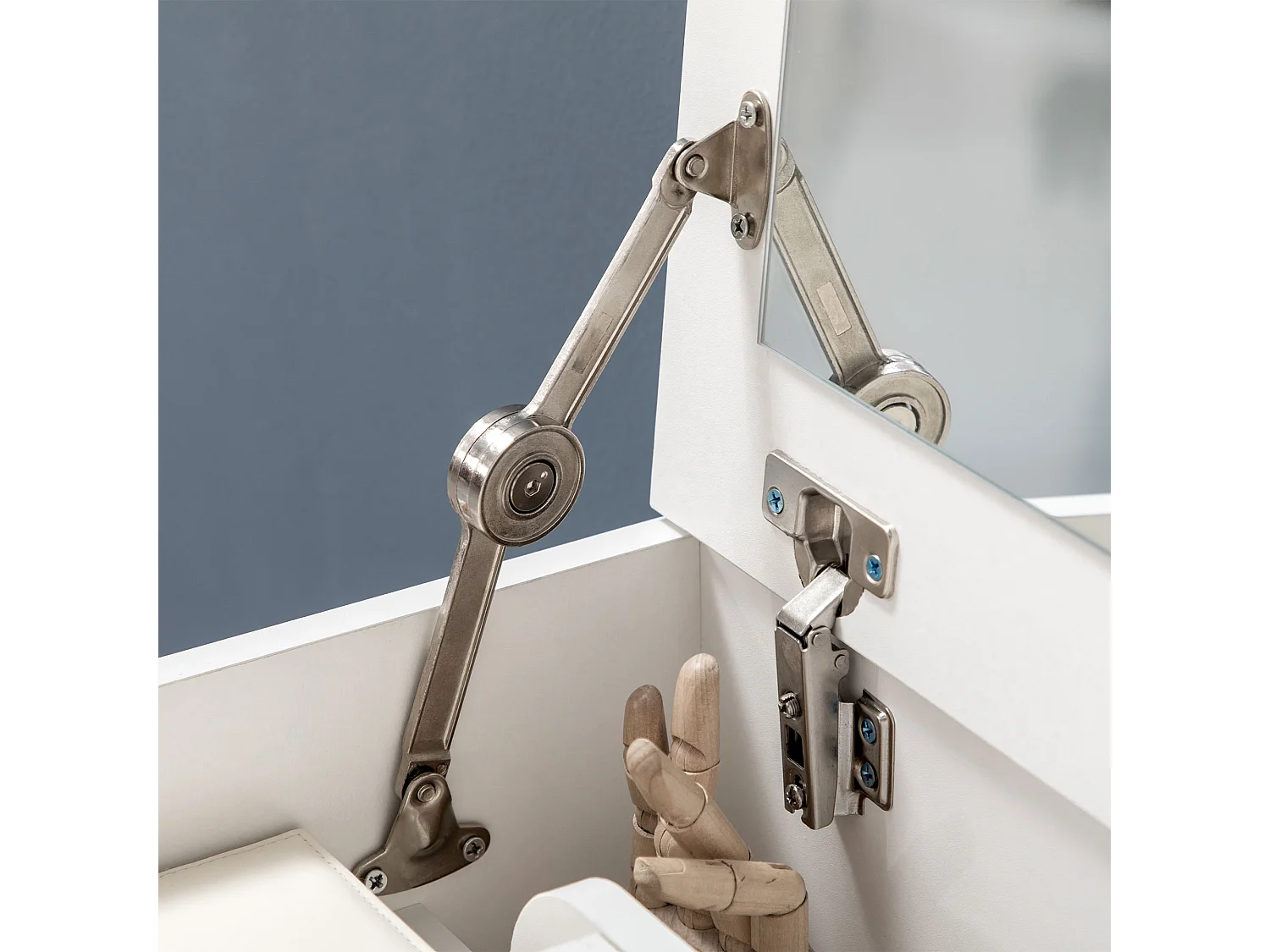 Toeletta da camera con specchiera cassetto e sgabello in legno