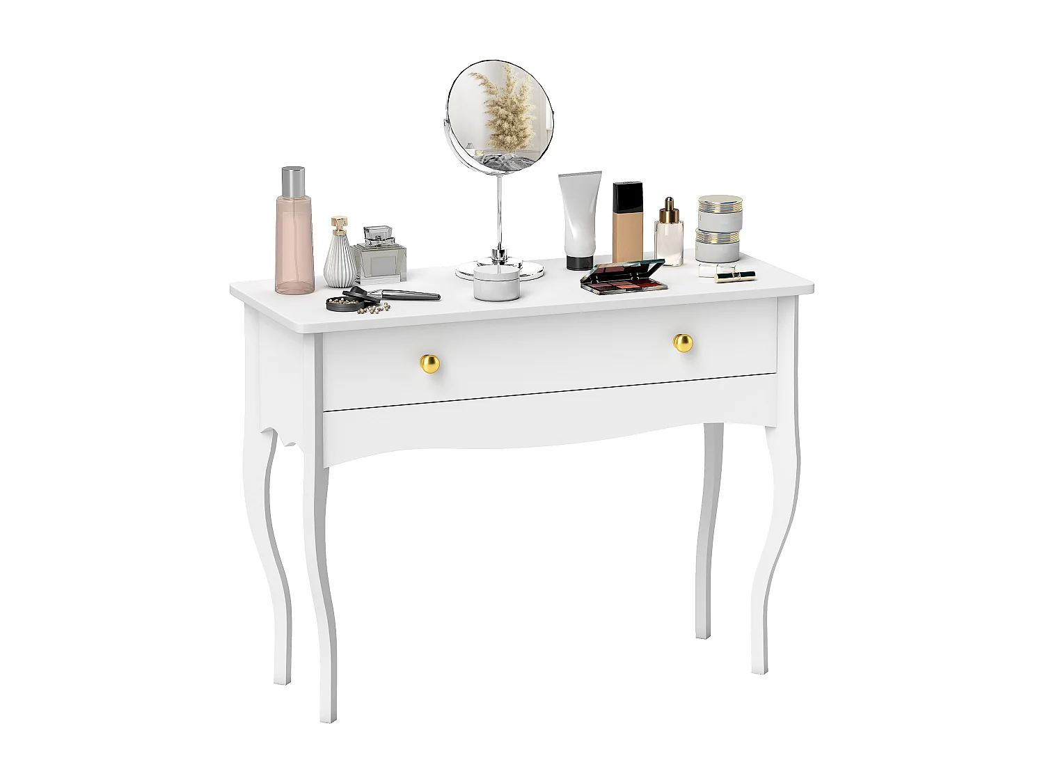 Tavolo toeletta elegante con ampio cassetto in legno bianco