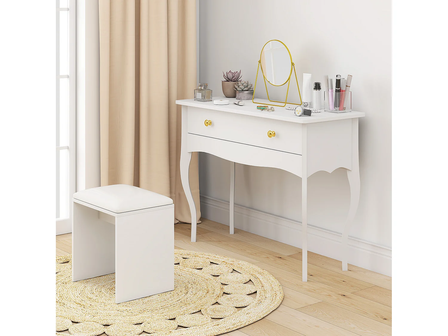 Tavolo toeletta elegante con ampio cassetto in legno bianco