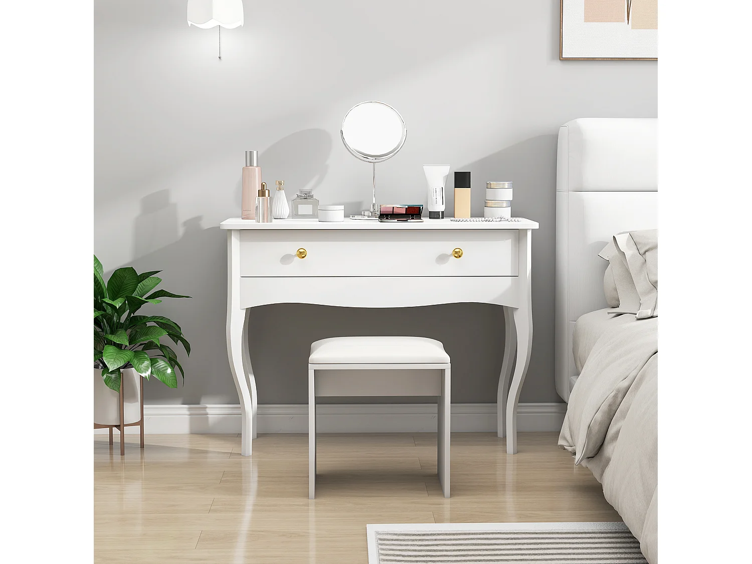 Tavolo toeletta elegante con ampio cassetto in legno bianco