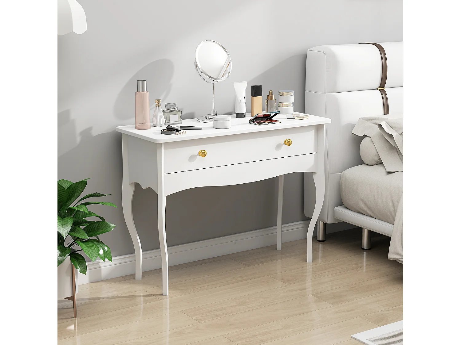 Tavolo toeletta elegante con ampio cassetto in legno bianco