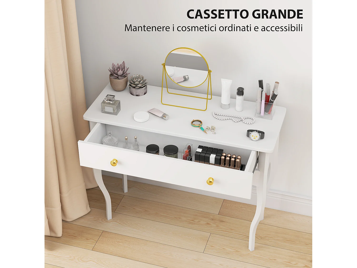 Tavolo toeletta elegante con ampio cassetto in legno bianco