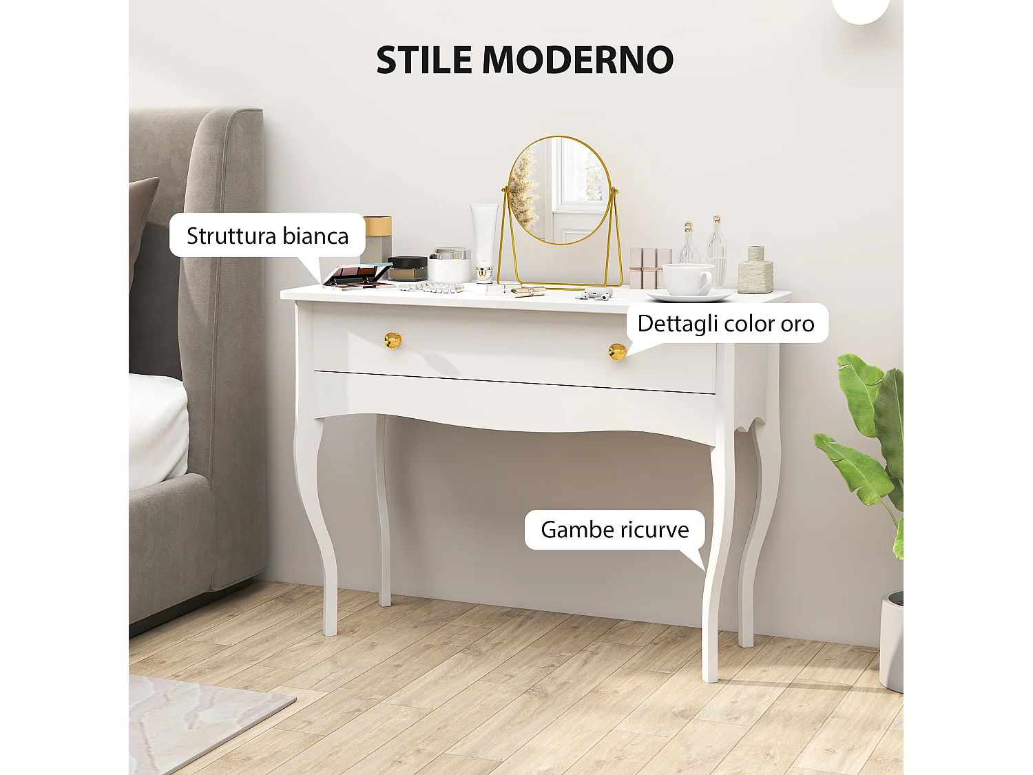Tavolo toeletta elegante con ampio cassetto in legno bianco