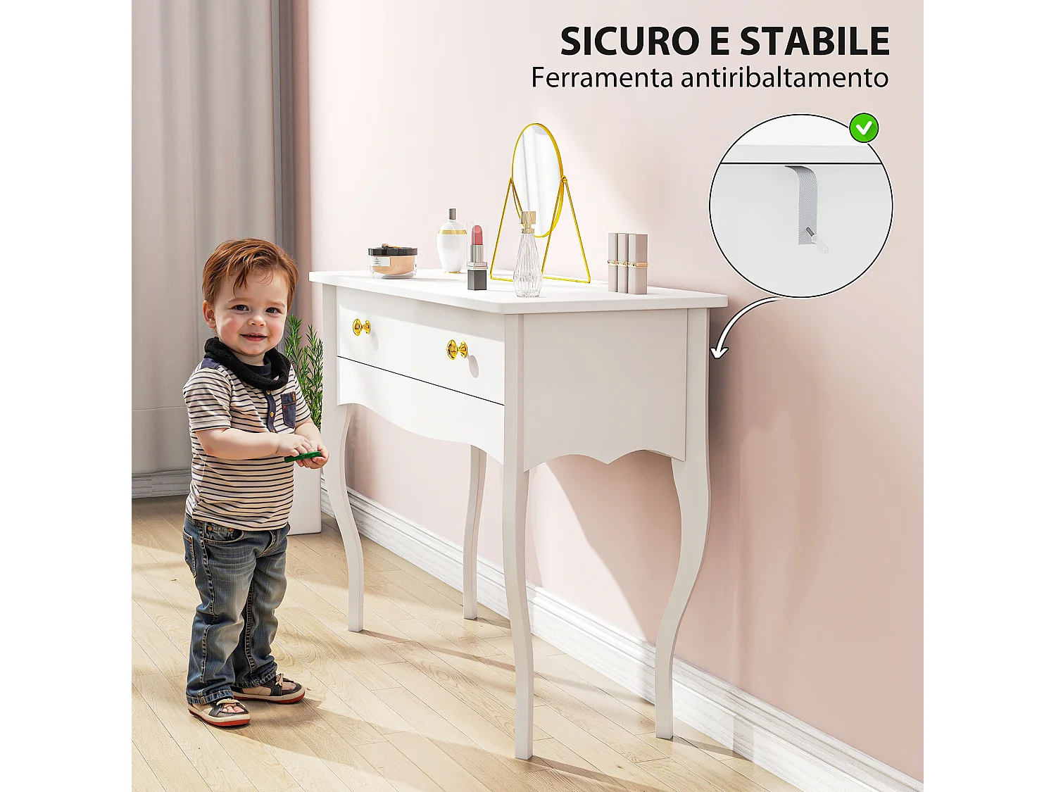 Tavolo toeletta elegante con ampio cassetto in legno bianco