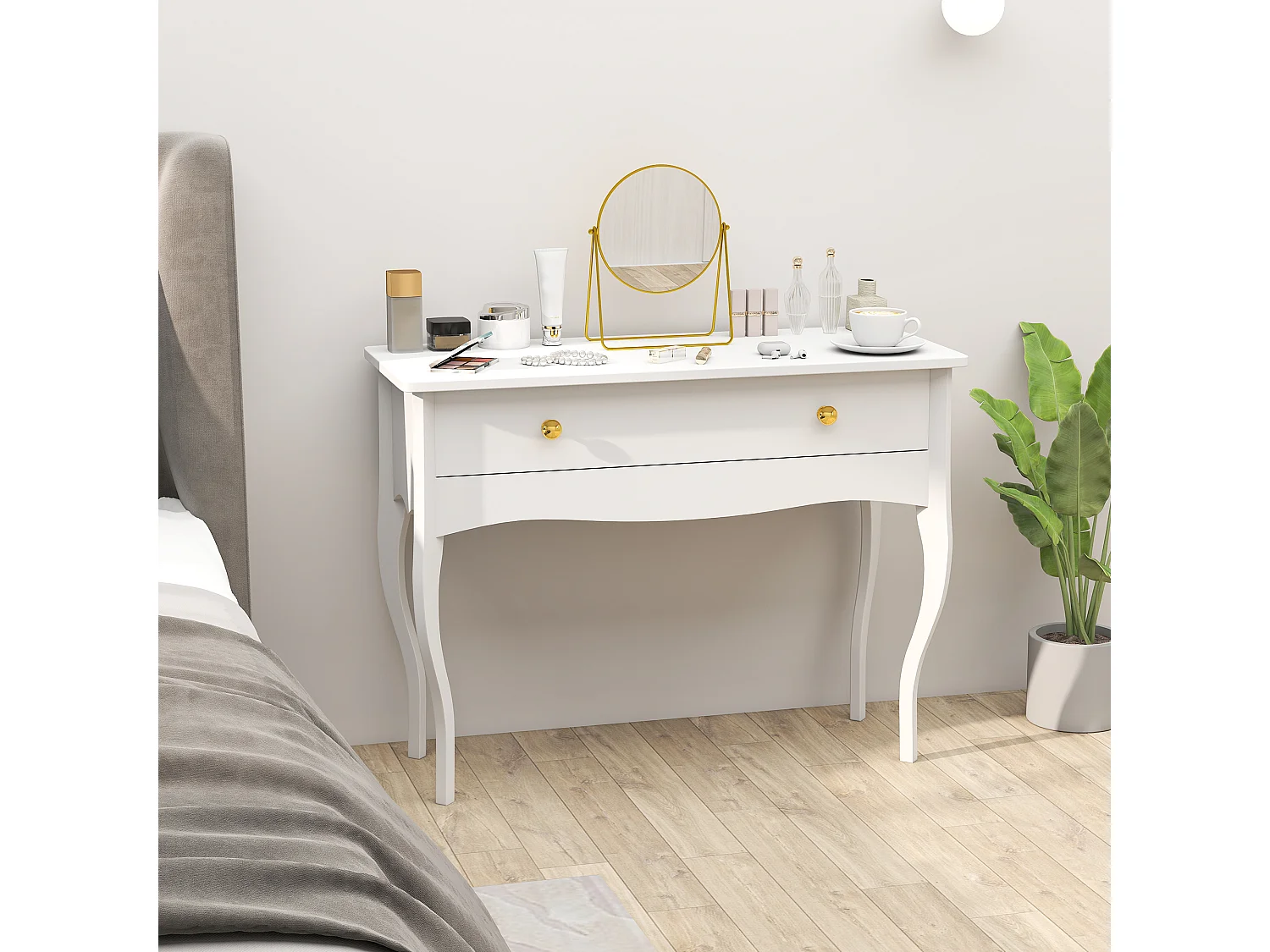 Tavolo toeletta elegante con ampio cassetto in legno bianco