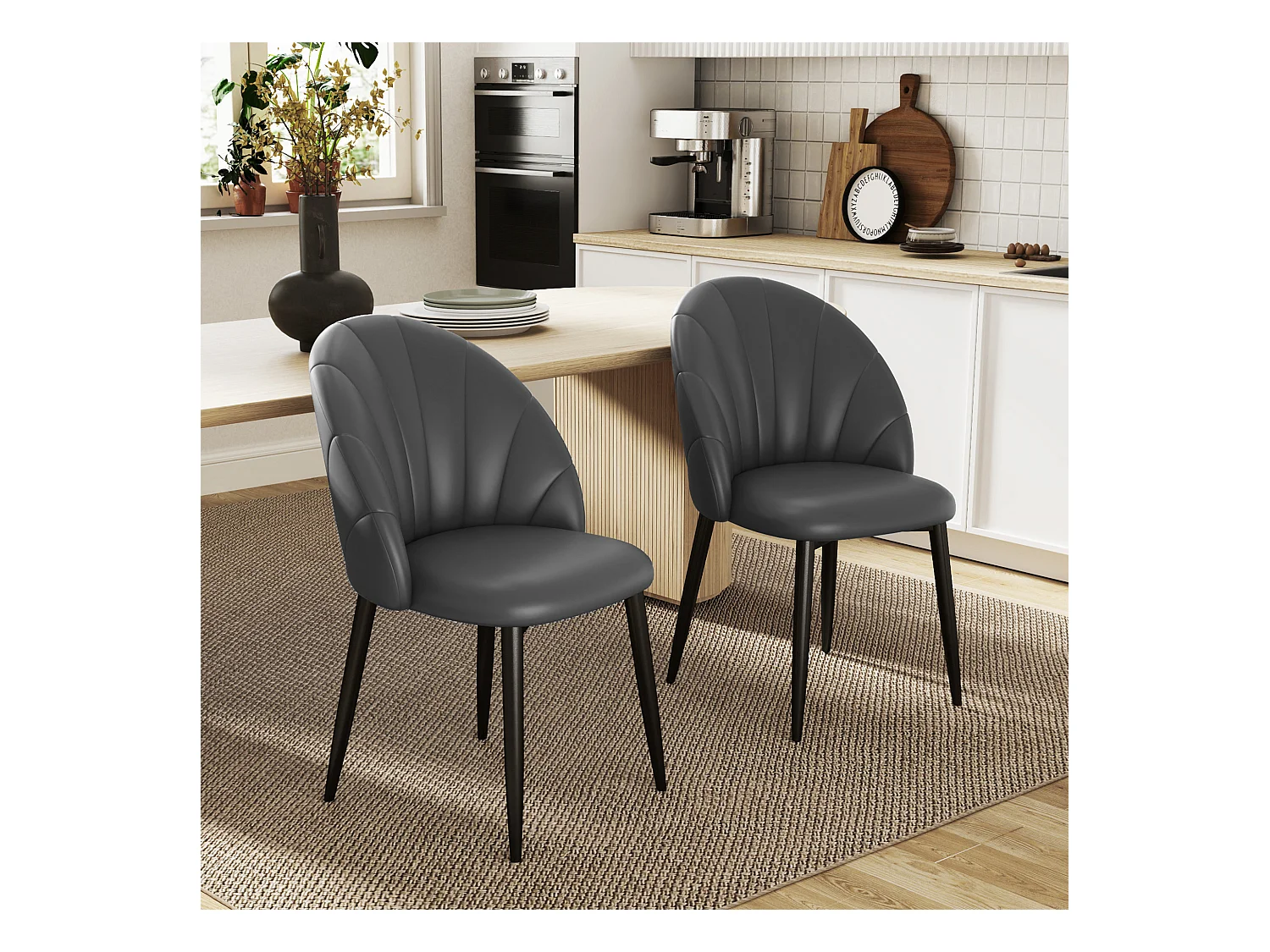 Set 2 sedie da pranzo con schienale a conchiglia in pelle pu grigio