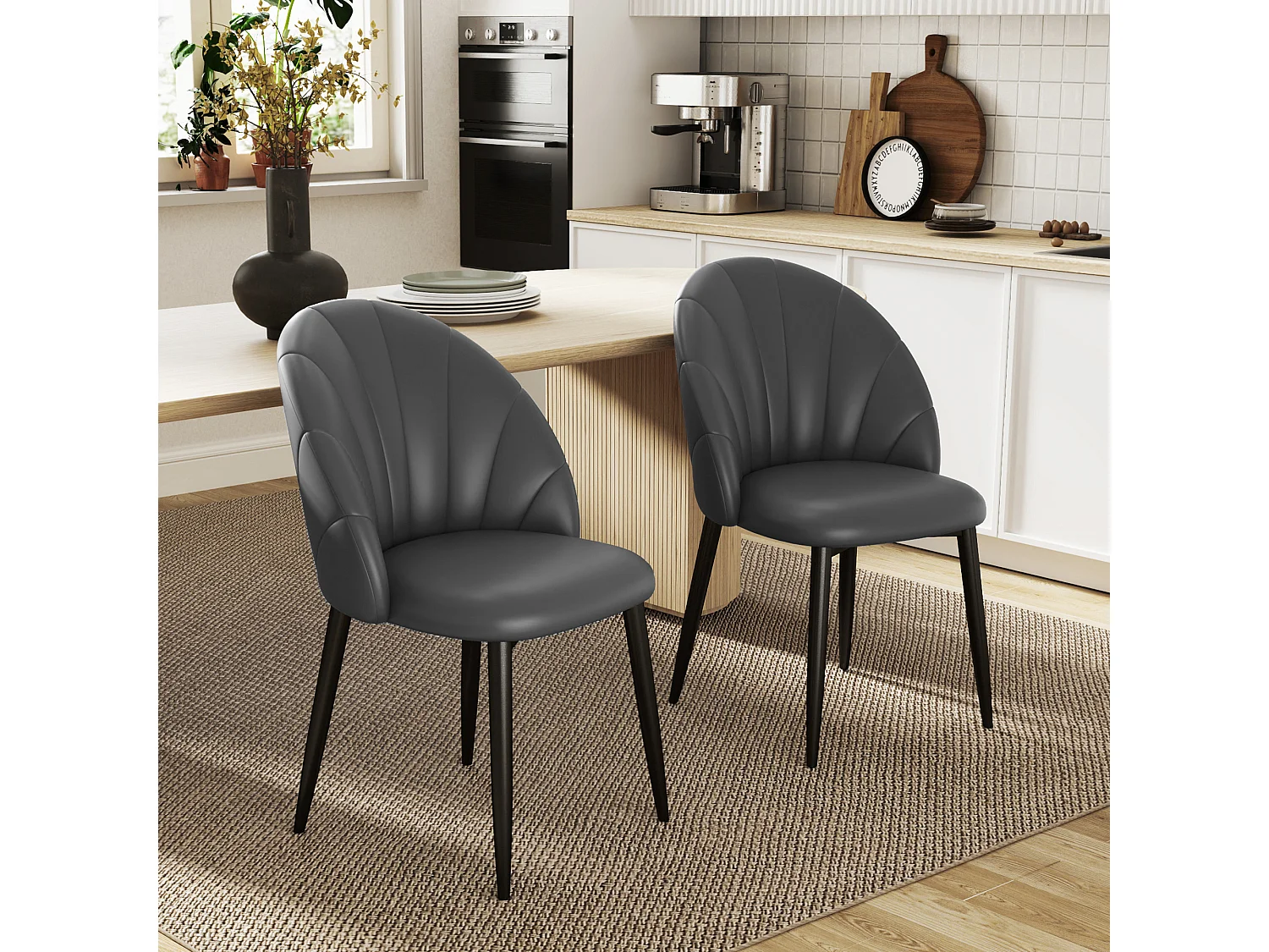 Set 2 sedie da pranzo con schienale a conchiglia in pelle pu grigio