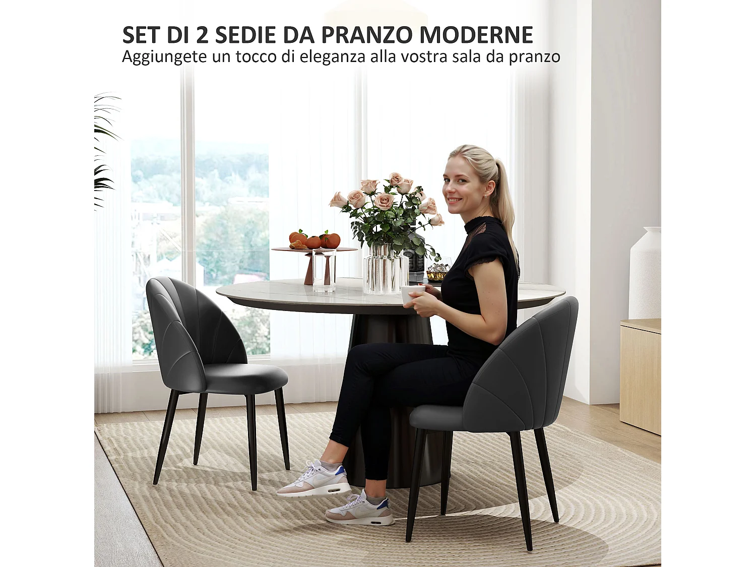 Set 2 sedie da pranzo con schienale a conchiglia in pelle pu grigio