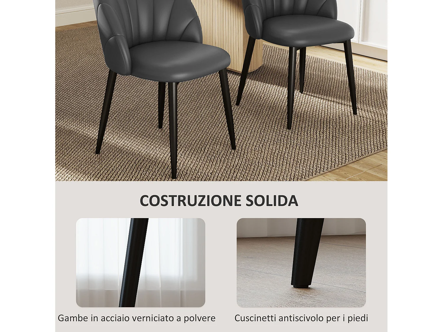 Set 2 sedie da pranzo con schienale a conchiglia in pelle pu grigio