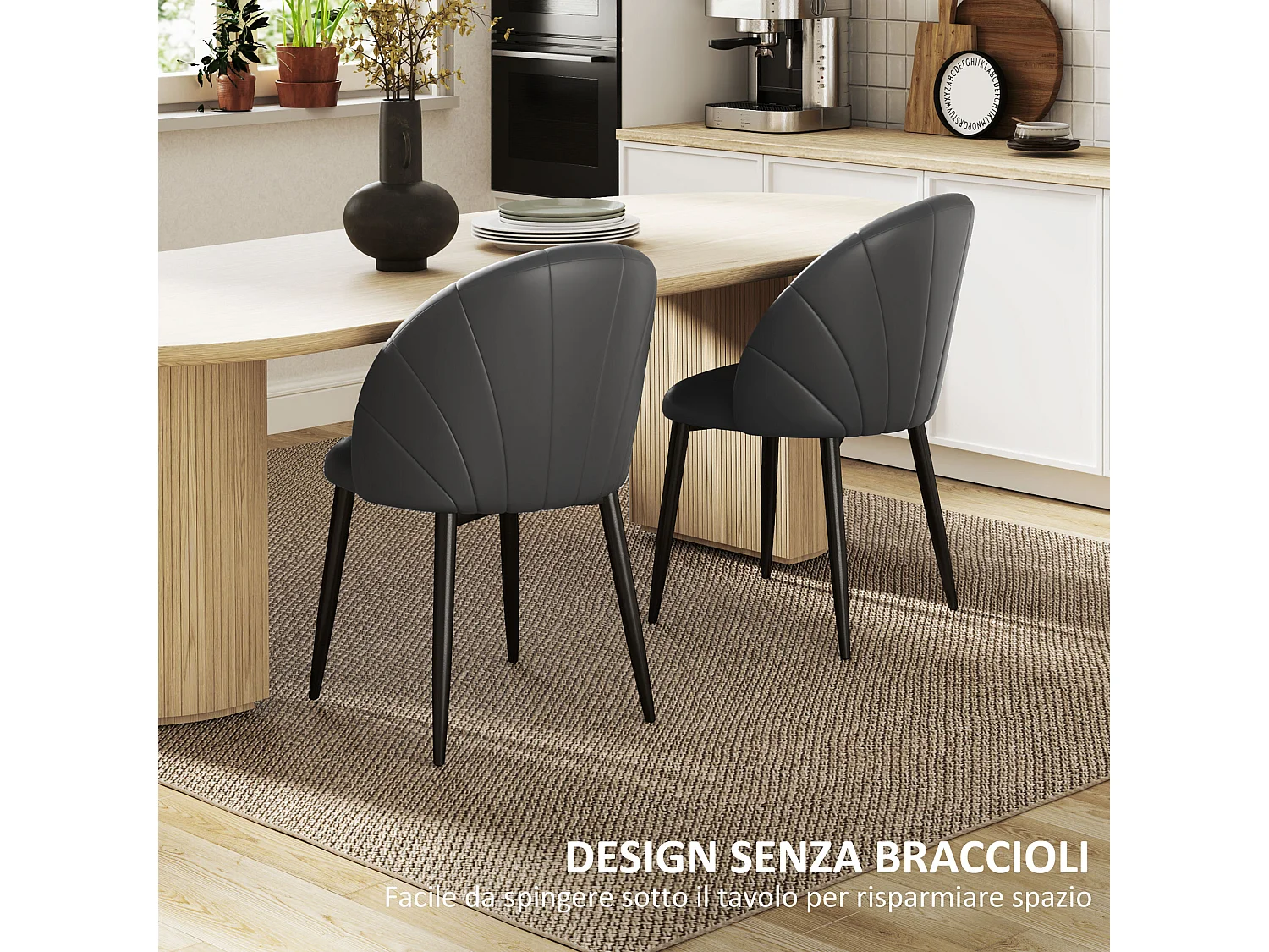Set 2 sedie da pranzo con schienale a conchiglia in pelle pu grigio
