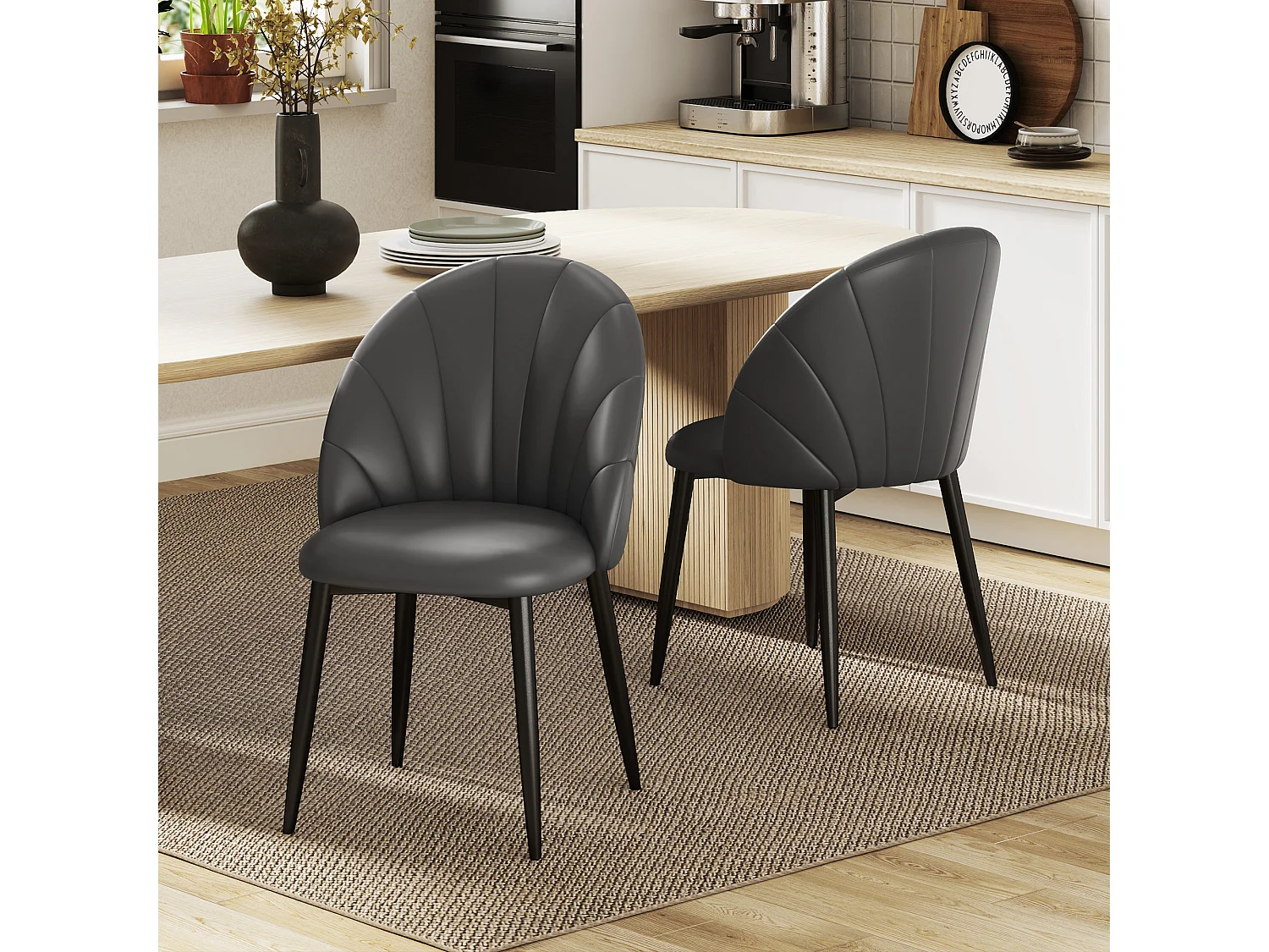 Set 2 sedie da pranzo con schienale a conchiglia in pelle pu grigio