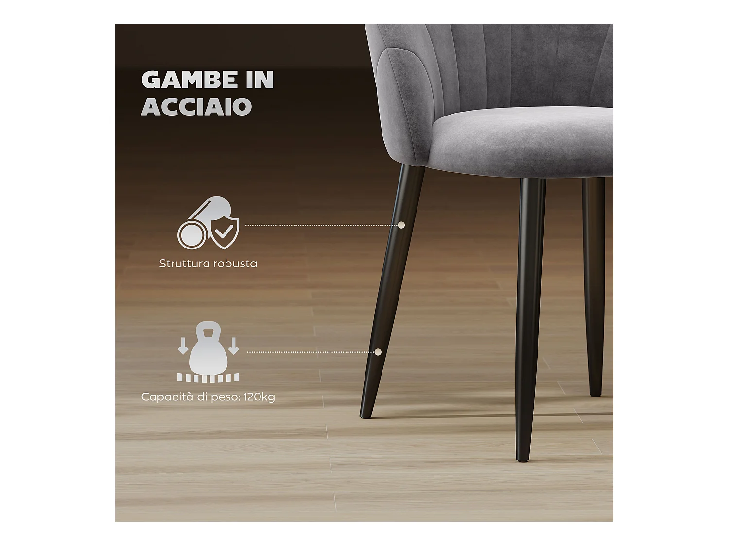 Set 2 sedie da pranzo vellutate in stile nordico 52x54x79 cm grigio