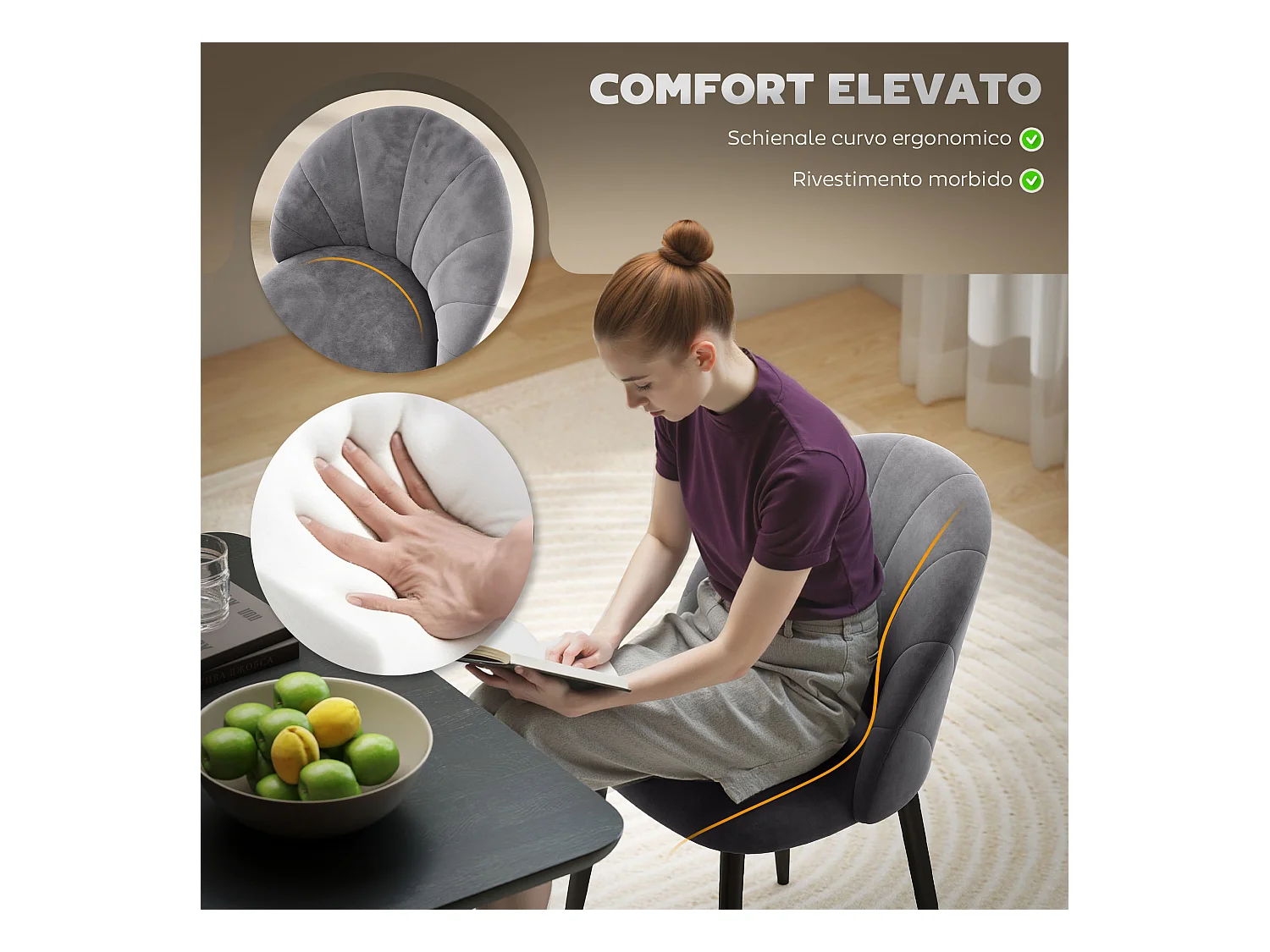 Set 2 sedie da pranzo vellutate in stile nordico 52x54x79 cm grigio