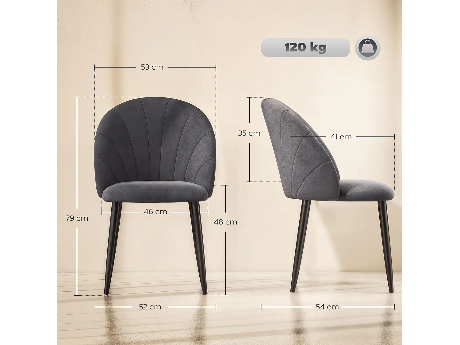 Set 2 sedie da pranzo vellutate in stile nordico 52x54x79 cm grigio