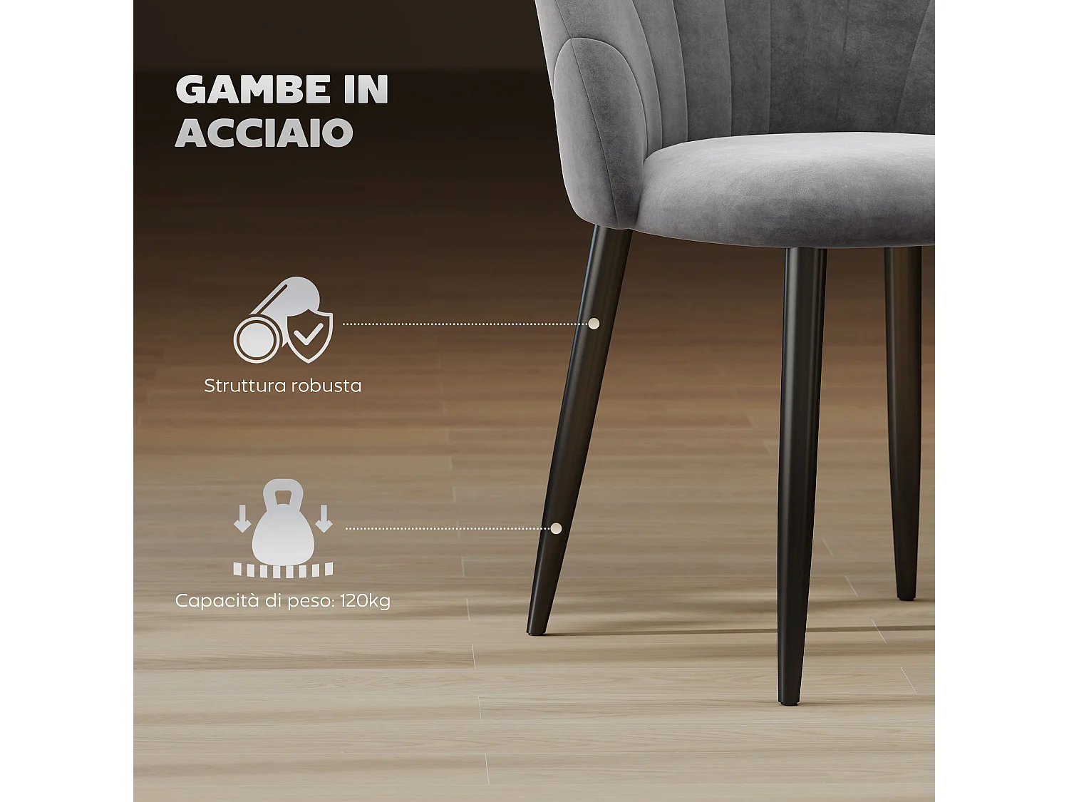 Set 2 sedie da pranzo vellutate in stile nordico 52x54x79 cm grigio